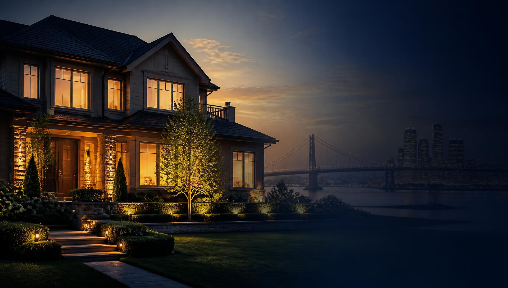 An elegant lit home at dusk with a bridge and city skyline in the distance